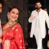 The newlywed Sonakshi caught everyone's attention in a vermilion, red tuktuk saree