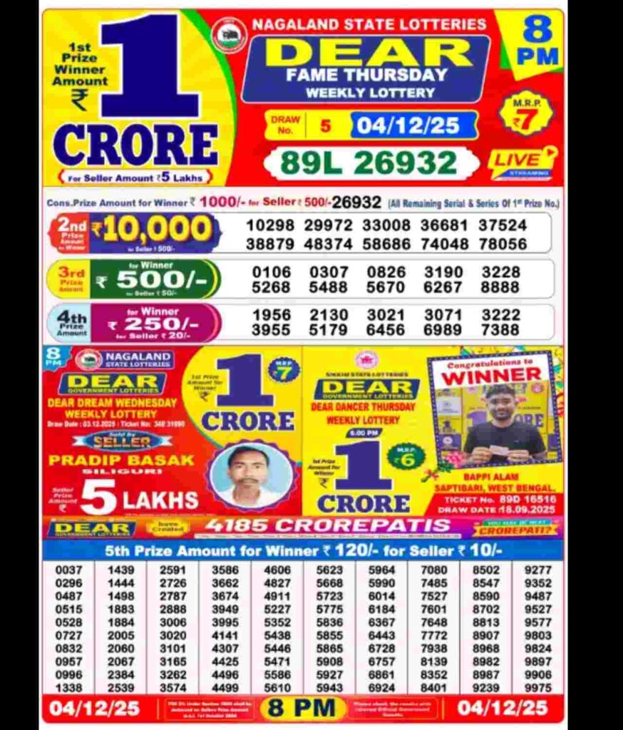 Lottery sambad result 04/12/2025 (8:00 PM)