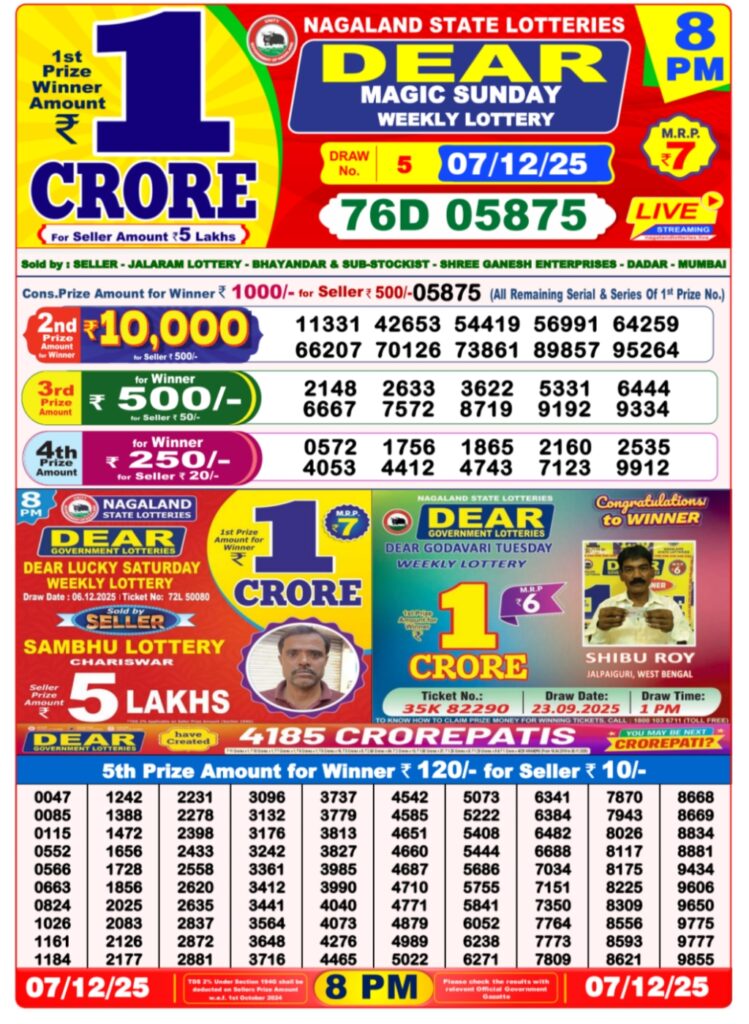 Lottery sambad result 07/12/2025 (8:00 PM)