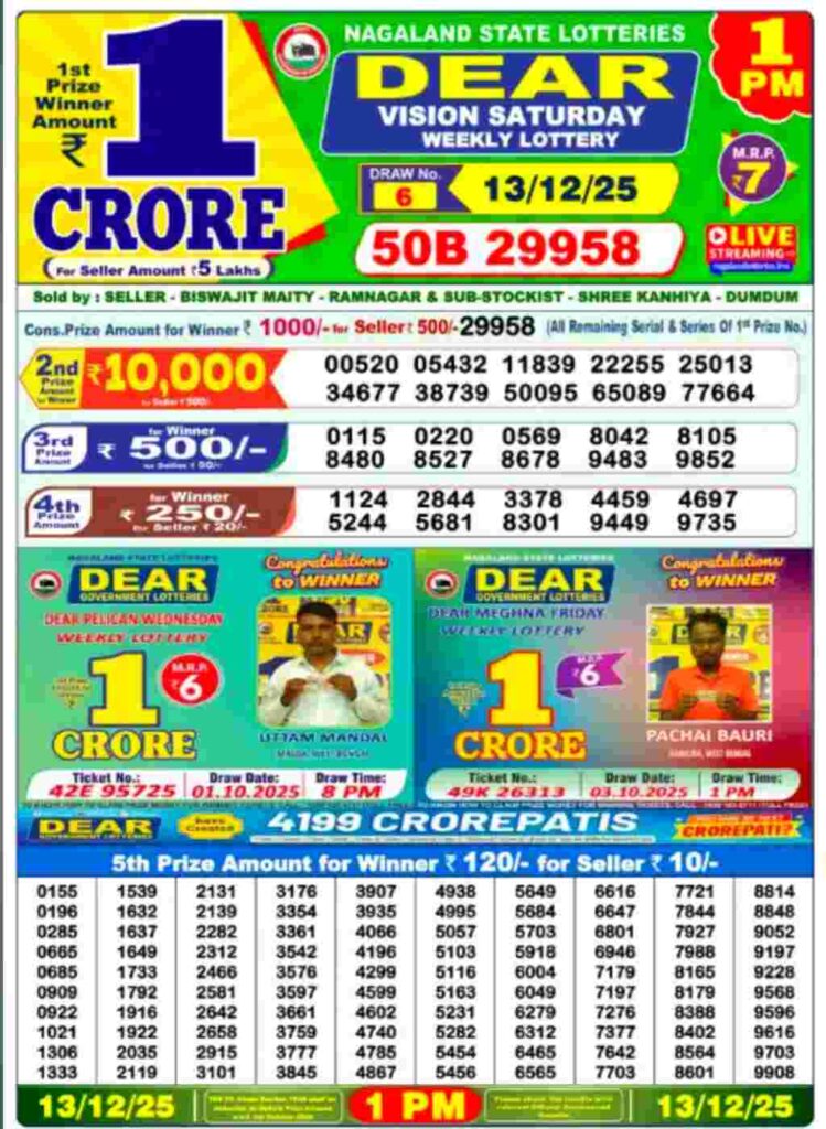 Lottery sambad result 13/12/2025 (1:00 PM)