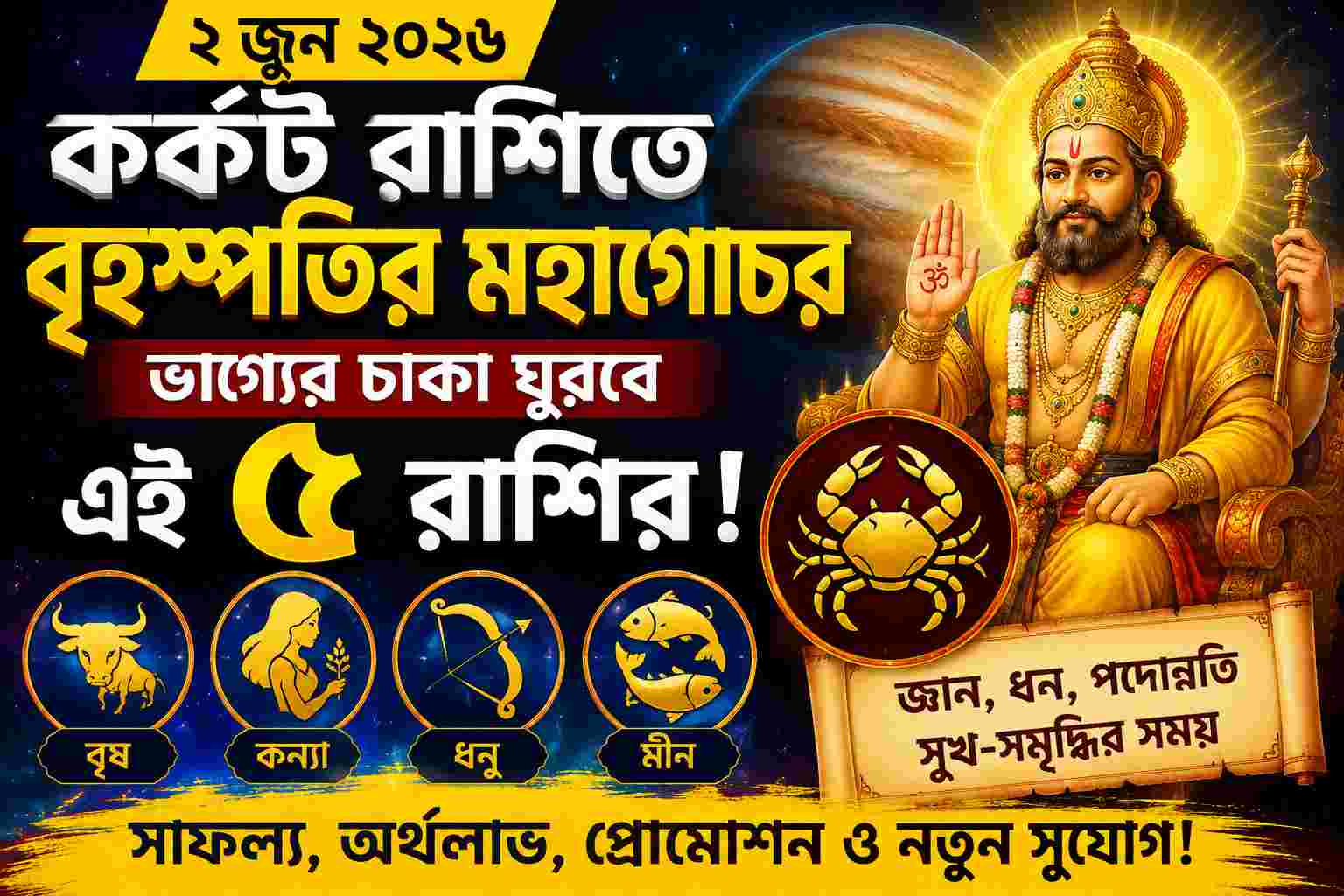 Guru Gochar 2026: কর্কটে বৃহস্পতির মহাগোচরে বদলাবে ভাগ্য, প্রবল সাফল্য পাবে এই ৫ রাশি