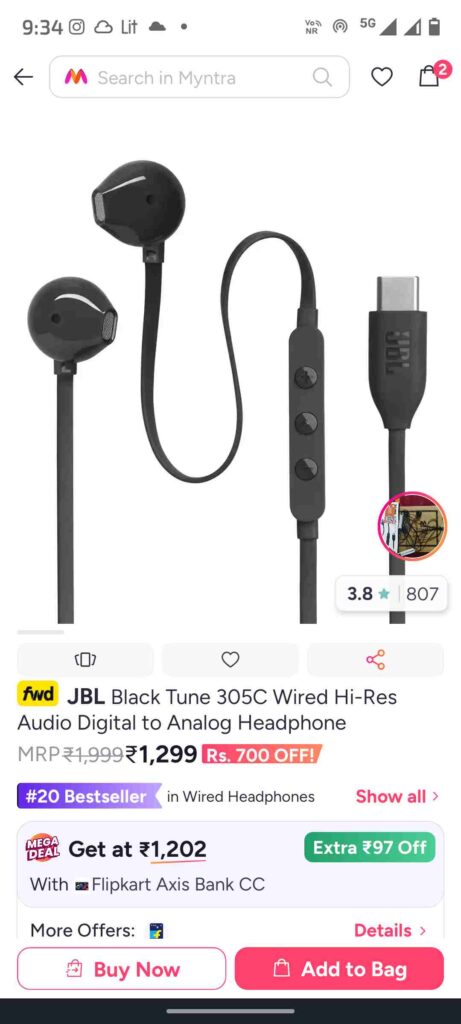 JBL Black Tune 305C Wired Hi Res Audio Digital to Analog Headphone
