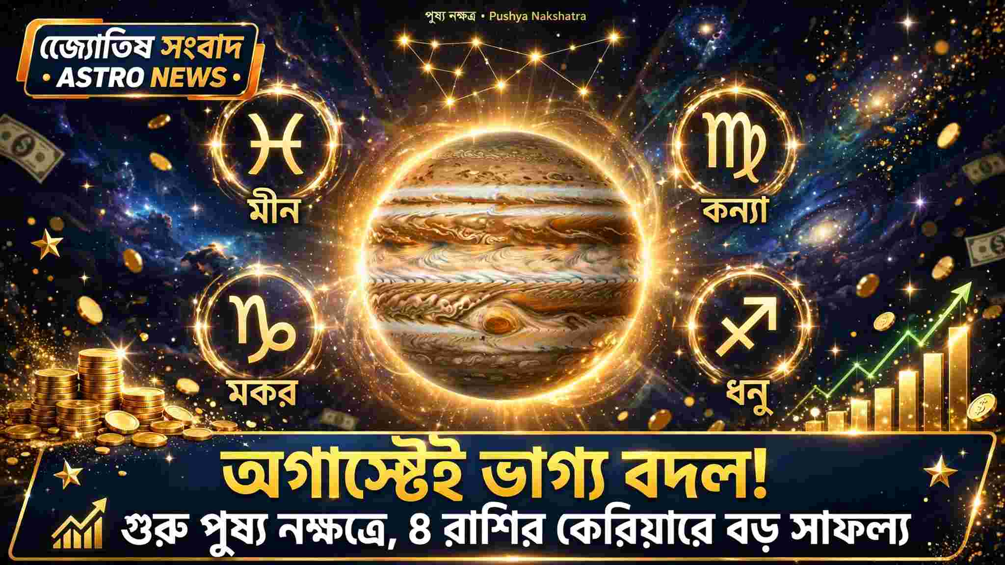 গুরু পুষ্য নক্ষত্রে প্রবেশ: অগাস্টের শুরুতেই ৪ রাশির কেরিয়ারে আসতে পারে বড় পরিবর্তন
