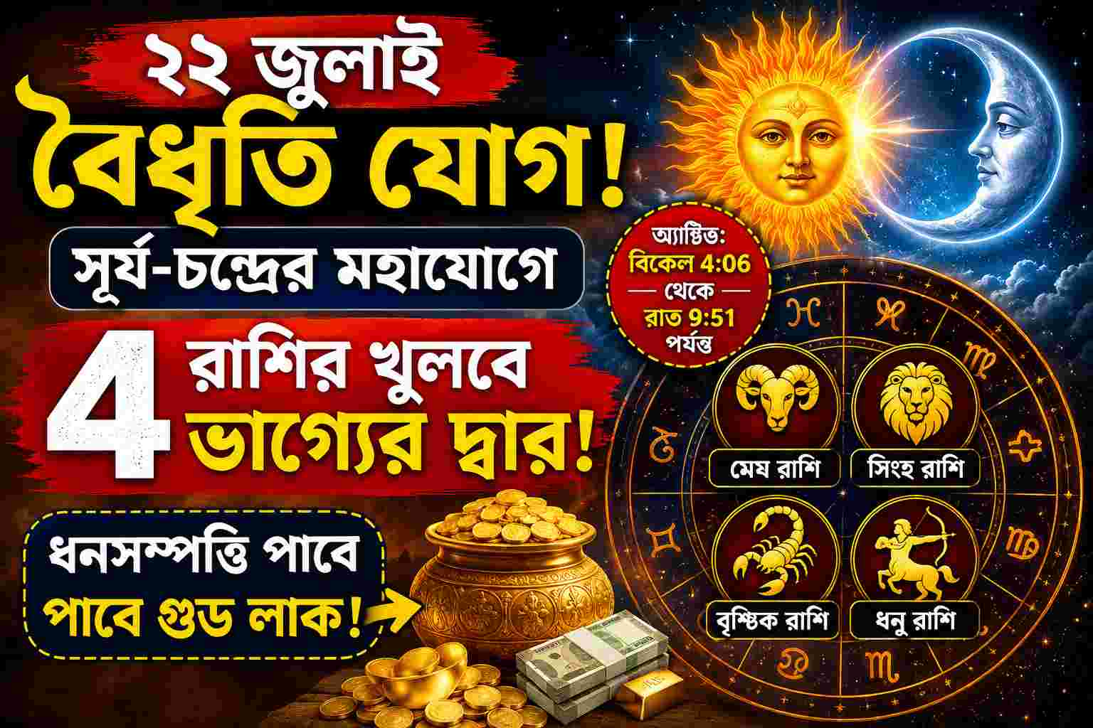 Surya Chandra Yog: ২২ জুলাই সূর্য-চন্দ্রের বৈধৃতি যোগে খুলতে পারে ৪ রাশির ভাগ্য, মিলতে পারে ধনসম্পত্তি ও সাফল্য