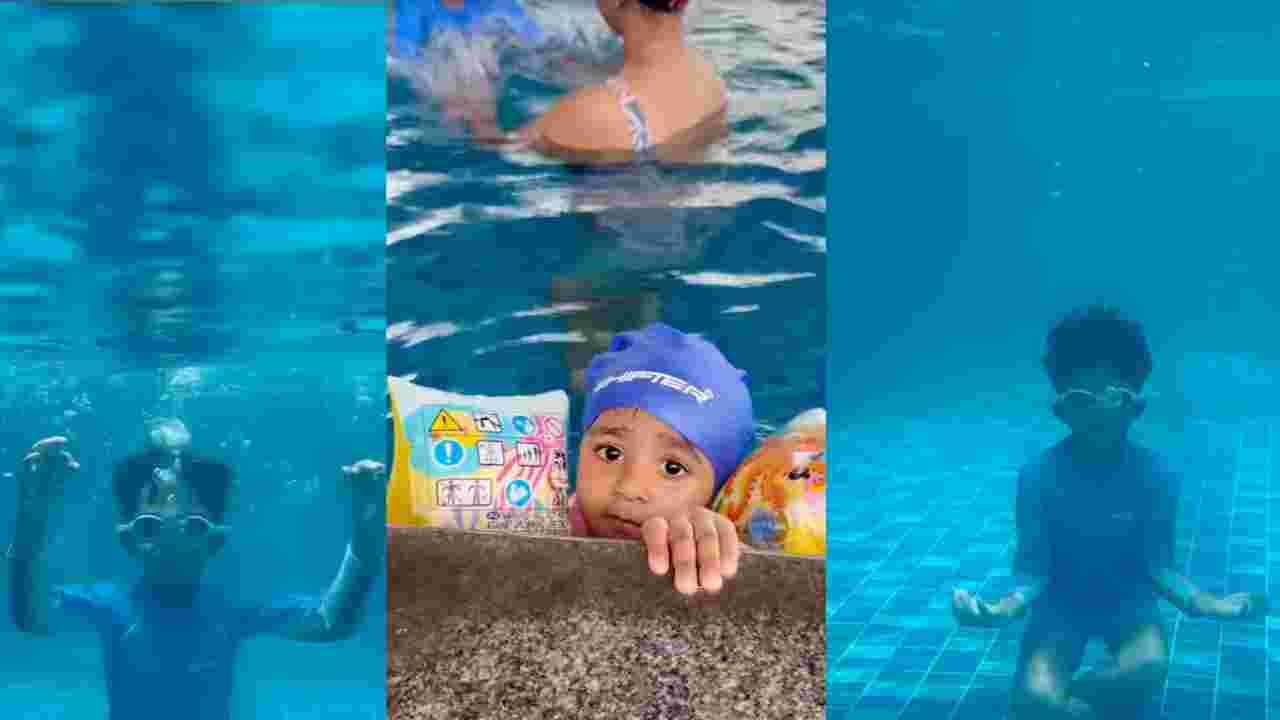 পুলের জলে ছোট্ট ইয়ালিনি, দক্ষ সাঁতারু ইউভান! রাজ-শুভশ্রীর দুই খুদের প্রশংসায় নেটপাড়া