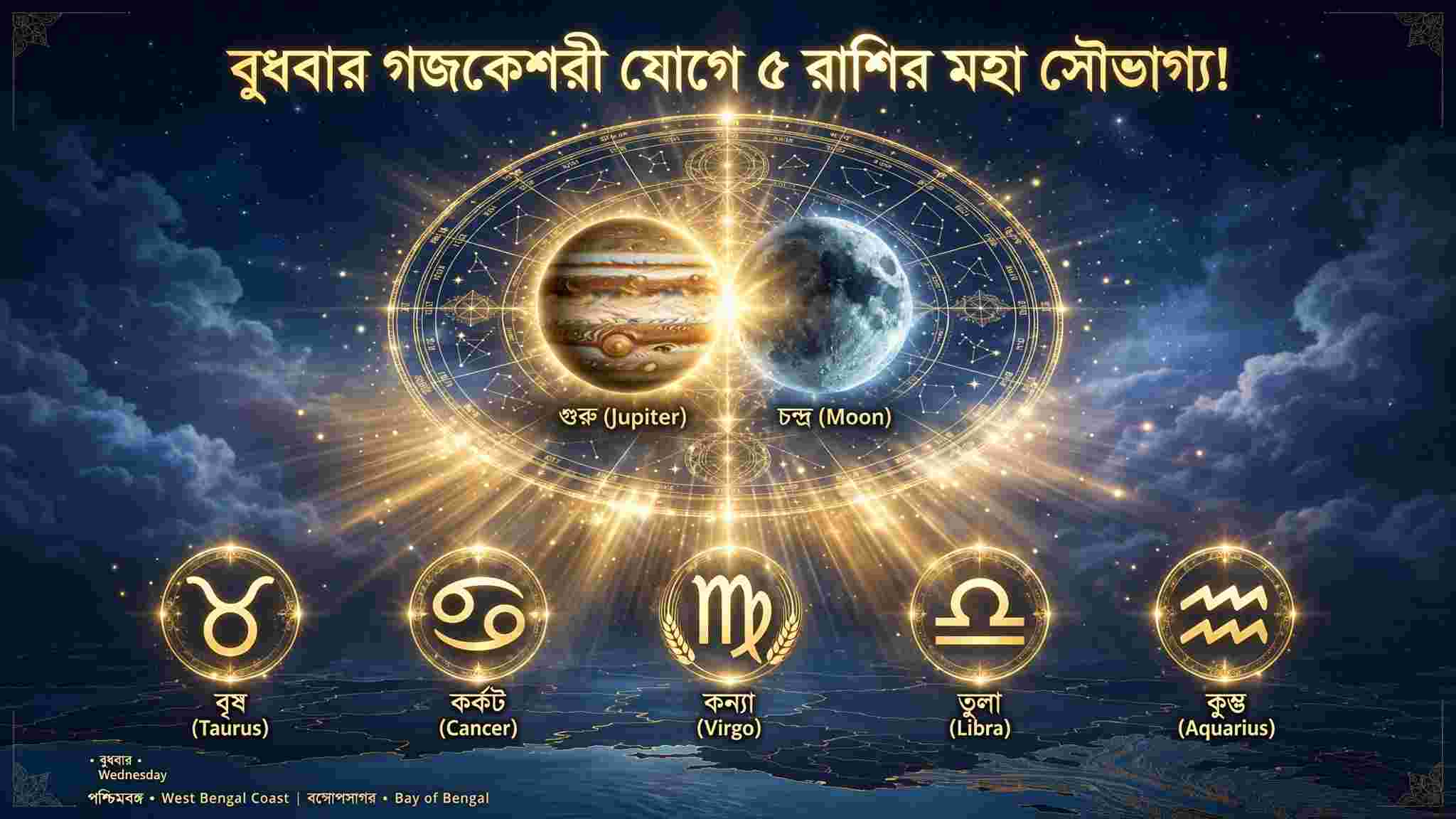 বুধবারের গজকেশরী যোগে সৌভাগ্যের দরজা খুলবে বৃষ, কর্কট, কন্যা, তুলা ও কুম্ভের