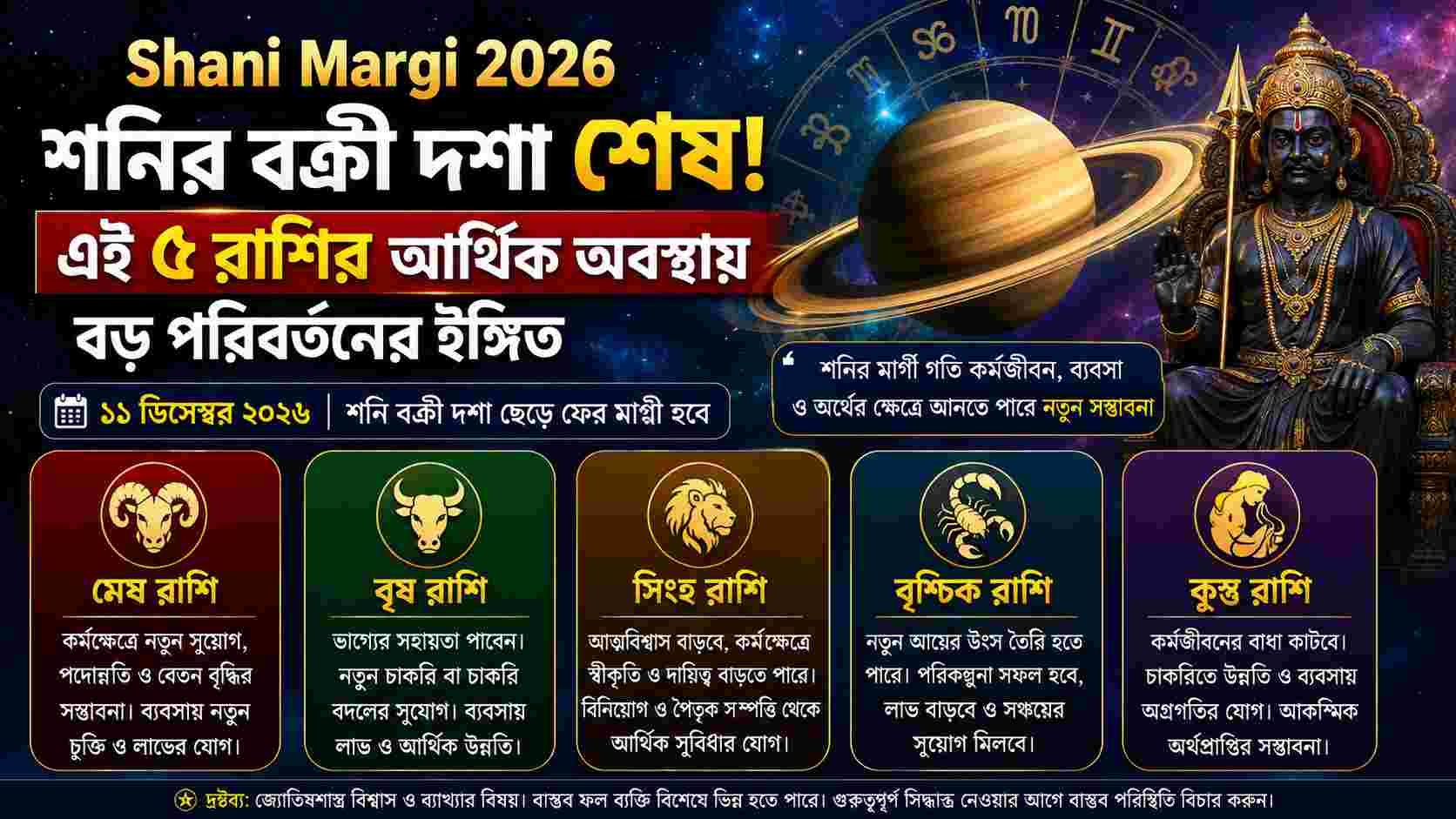 Shani Margi 2026: শনির বক্রী দশা শেষ, আর্থিক ক্ষেত্রে বড় পরিবর্তনের ইঙ্গিত ৫ রাশির জীবনে