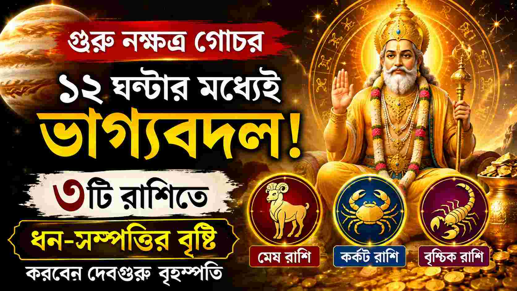 গুরু নক্ষত্র গোচর: ১২ ঘণ্টার মধ্যেই ভাগ্যবদল, ৩ রাশিতে ধন-সম্পত্তির বৃষ্টি