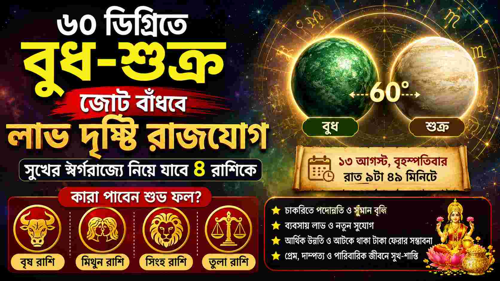 ৬০ ডিগ্রিতে বুধ-শুক্রের মিলন, তৈরি হবে লাভ দৃষ্টি রাজযোগ! সুখ-সমৃদ্ধির মুখ দেখবে এই ৪ রাশি
