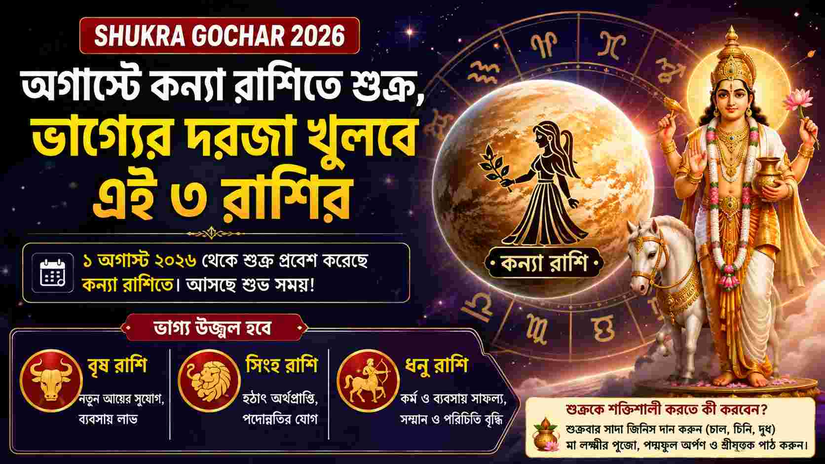 Shukra Gochar 2026: অগাস্টে কন্যা রাশিতে শুক্র, ভাগ্যের দরজা খুলতে পারে এই ৩ রাশির
