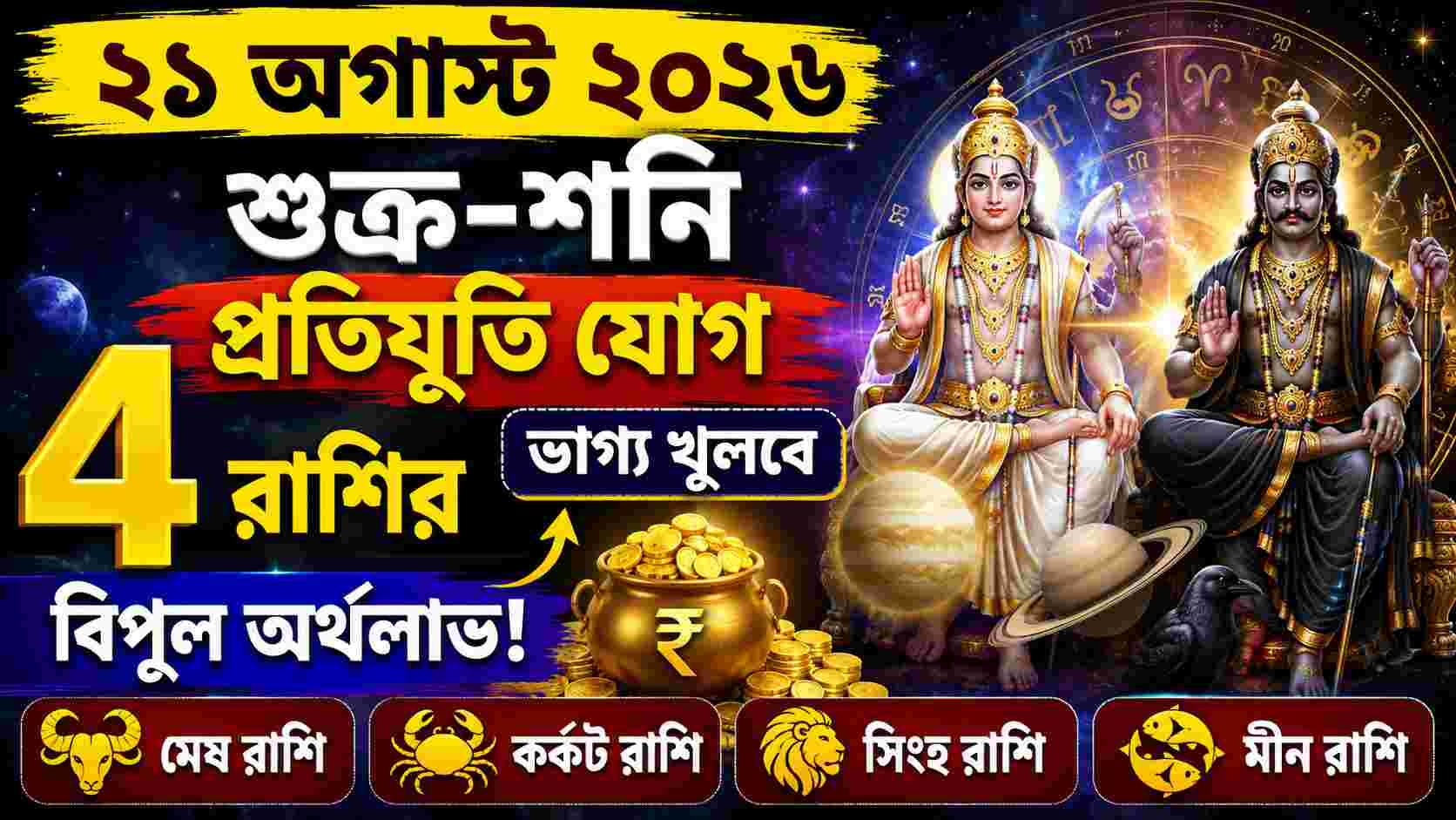 ২১ অগাস্ট শুক্র-শনি প্রতিযুতি যোগ: ৪ রাশির জীবনে আসছে অর্থলাভ ও সাফল্যের সুবর্ণ সময়