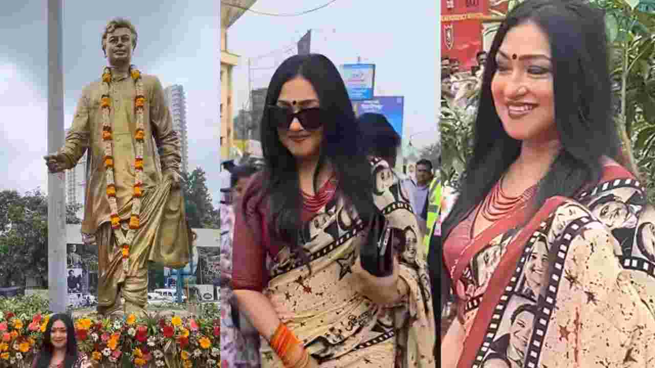 টালিগঞ্জে উত্তমকুমারের জন্মশতবর্ষের অনুষ্ঠানের সূচনা, নজর কাড়ল ঋতুপর্ণার বিশেষ শাড়ি